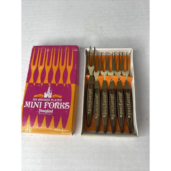 Vintage Walt Disney Productions Bronze Plated Mini Forks Disneyland Set 6 w/ Box - Picture 1 of 5